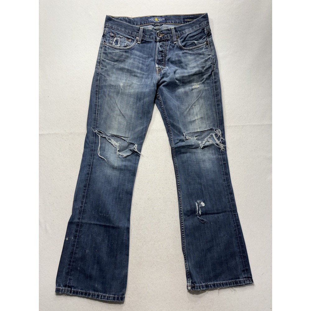 Lucky Brand 227 Original Boot Jeans Mens 32x32 Blue Medium Wash Distressed Denim